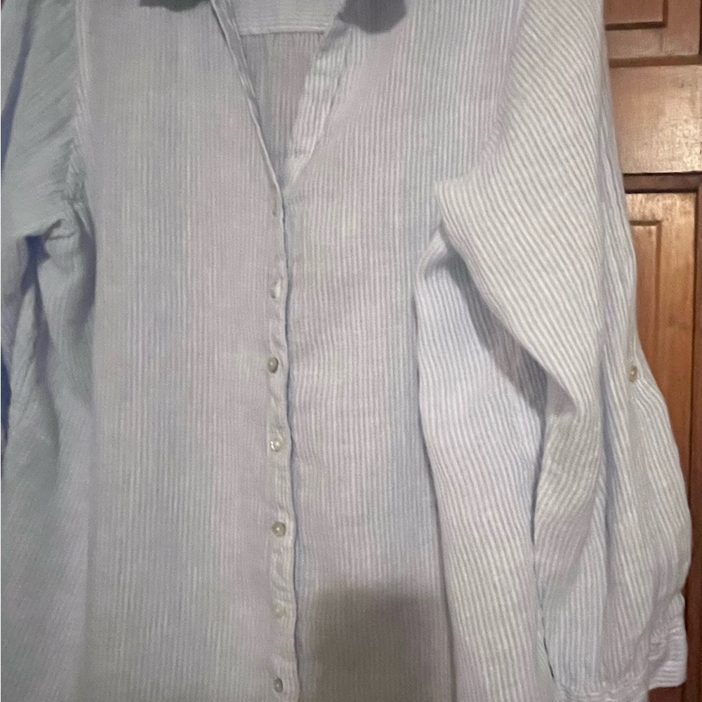 Sigrid Olsen Light Blue Pinstripe linen Blouse